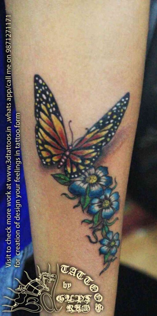 3d butterfly tattoo with flower on wrist ,made by gupt ram